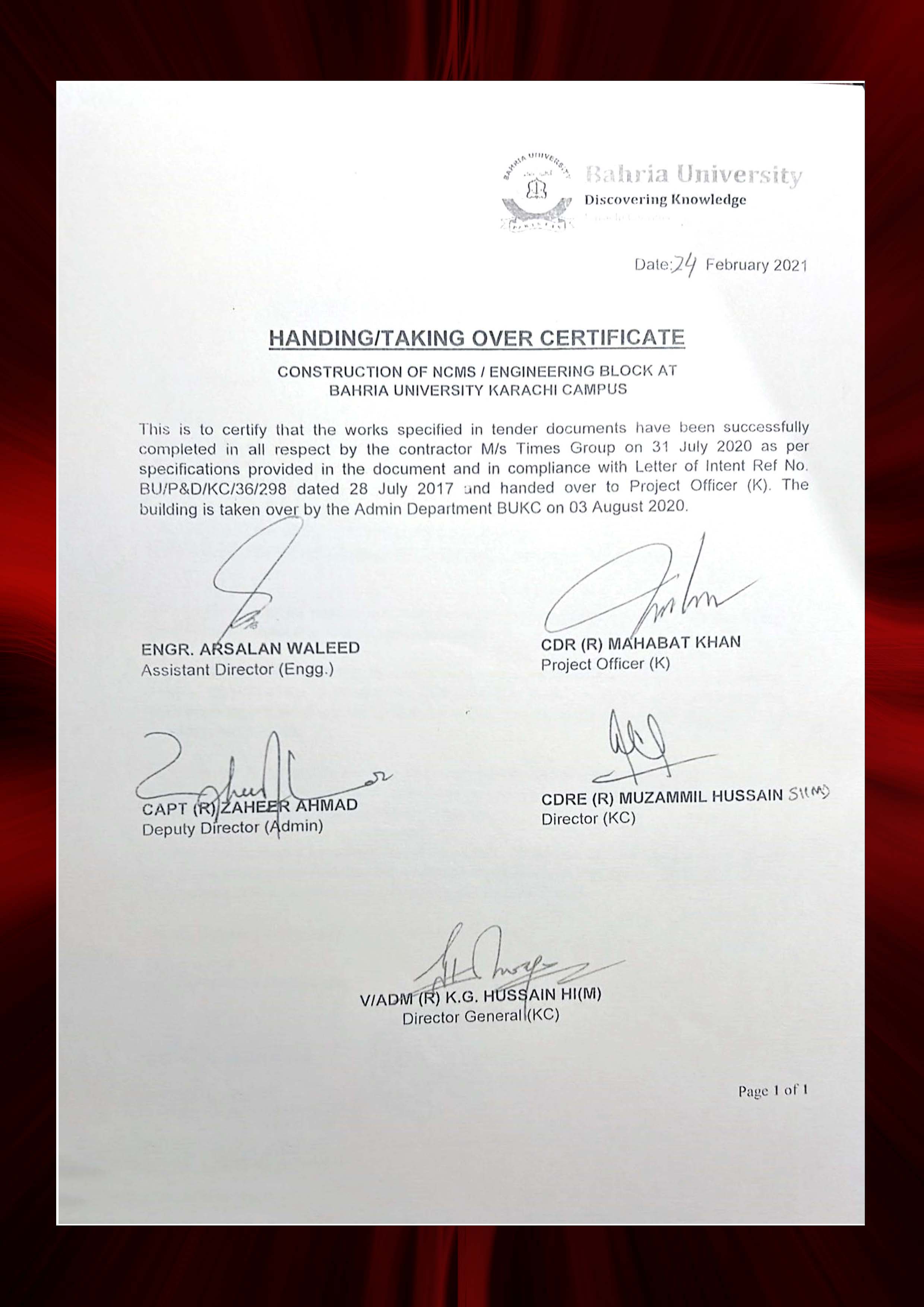 Qaizar Colombowala completion certificate